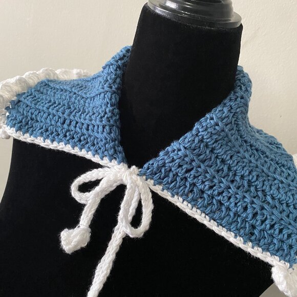 Handmade Crochet Blue White Winter Double Folded Collar Neckwear Accessory - Picture 2 of 6